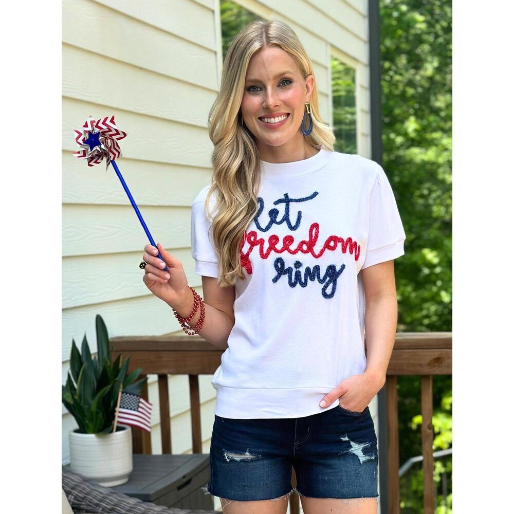 NEW STEWART SIMMONS freedom glitter script short sleeve tee in white